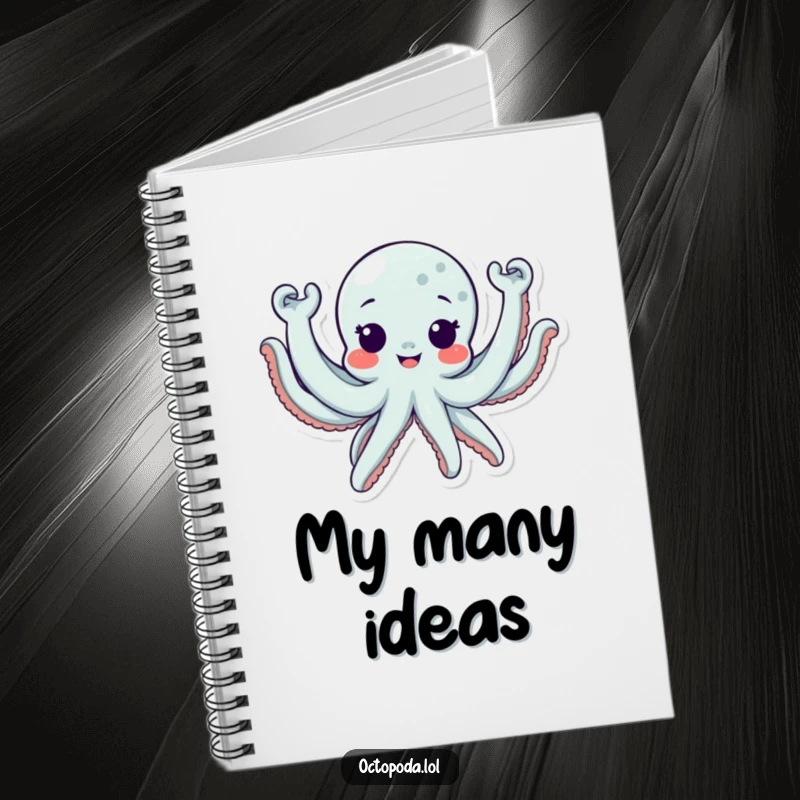 Funny Notebook with a cute octopus character waving all eight arms excitedly, ideal for jotting notes.