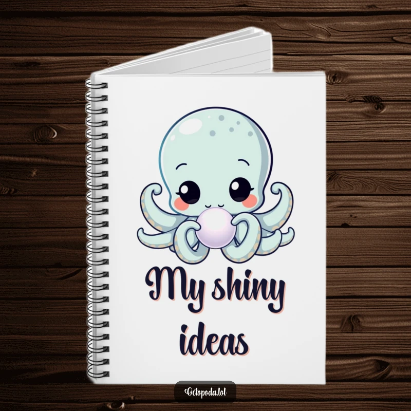 Funny Kawaii Octopus Notebook for writing and sketching, featuring a curious cephalopod inspecting a shimmering pearl, a creative companion.