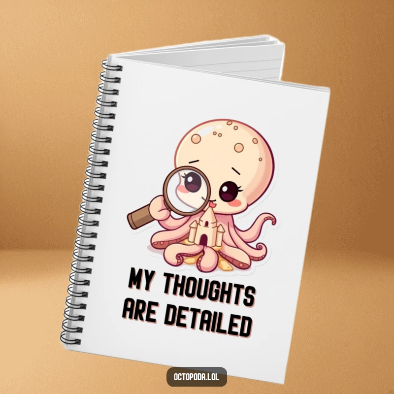 Funny notebook showcasing a baby octopus with a magnifying glass examining a sandcastle, ideal for capturing detailed notes.