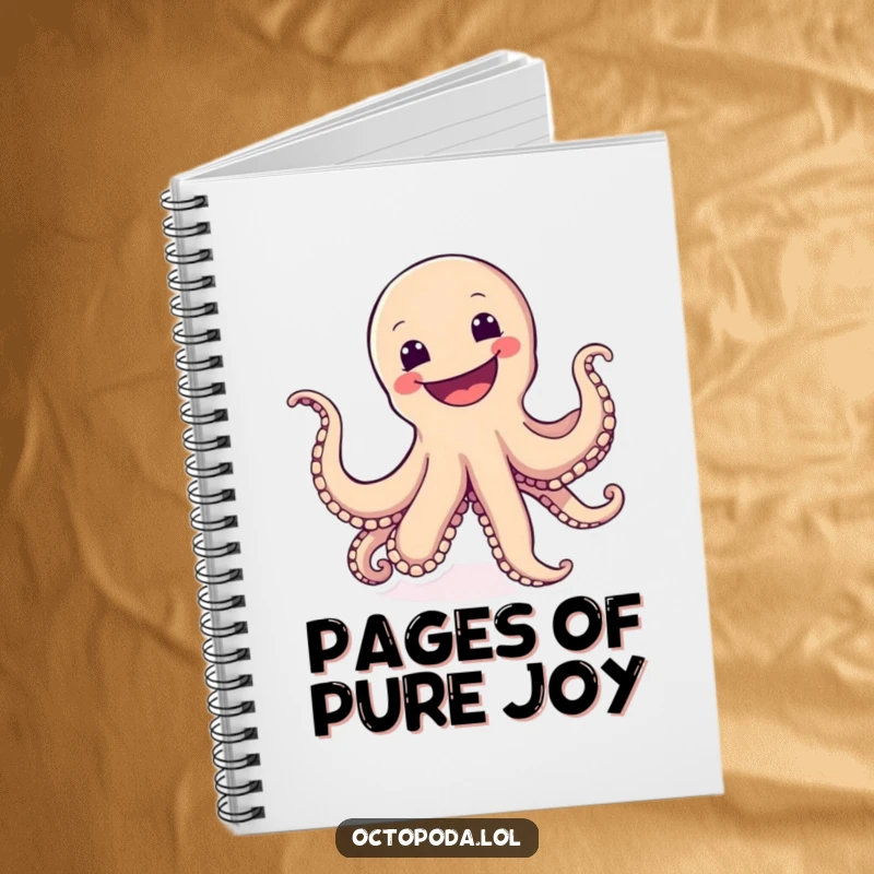Funny notebook featuring a cartwheeling octopus with a wide, joyful grin, ready to capture your energetic thoughts.