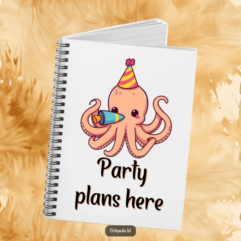 Funny Notebook featuring a party octopus wearing a hat and blowing a horn, perfect for planning celebrations.