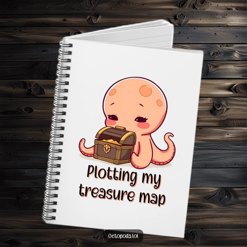 Funny octopus notebook, a curious cephalopod sniffing a tiny treasure chest, perfect for notes and plans, a humorous stationery item.