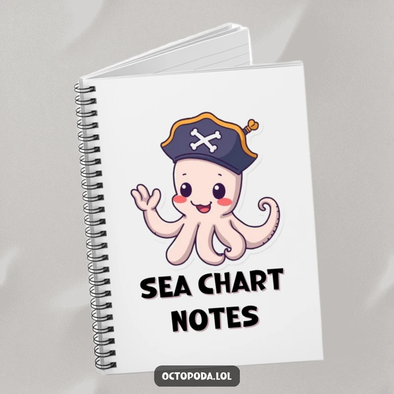 Funny pirate octopus notebook: a playful octopus in a pirate hat waves goodbye with a tentacle, ideal for journaling with a nautical theme.