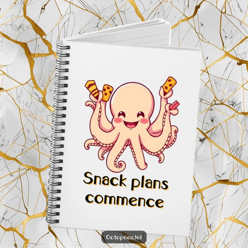 Funny notebook cover featuring a smiling octopus with multiple arms reaching out to grab tasty snacks.