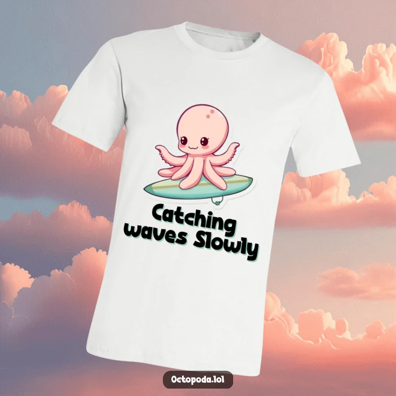 Funny bubble surfing octopus t-shirt, showing a playful octopus skillfully riding a large bubble as if it were a surfboard.