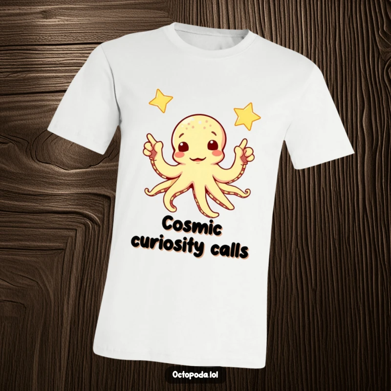 Funny t-shirt with a curious octopus extending its arms towards a sparkling star, symbolizing exploration and wonder.