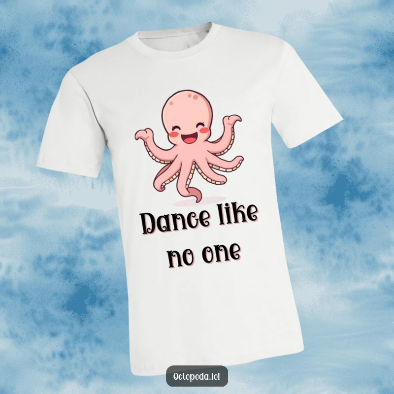 Funny t-shirt of an octopus with a huge smile, joyfully dancing and spinning its many arms in a celebratory circle.