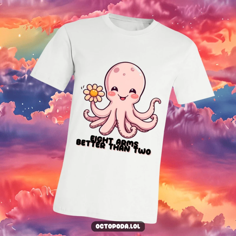 Funny t-shirt with a joyful octopus offering a delicate flower with its tentacle, symbolizing kindness and happiness.