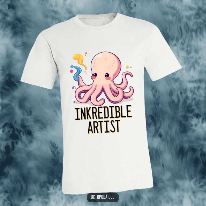 Funny Kawaii Octopus T-Shirt artistically squirting colorful ink in a dynamic, swirling pattern, a cheerful cephalopod design.