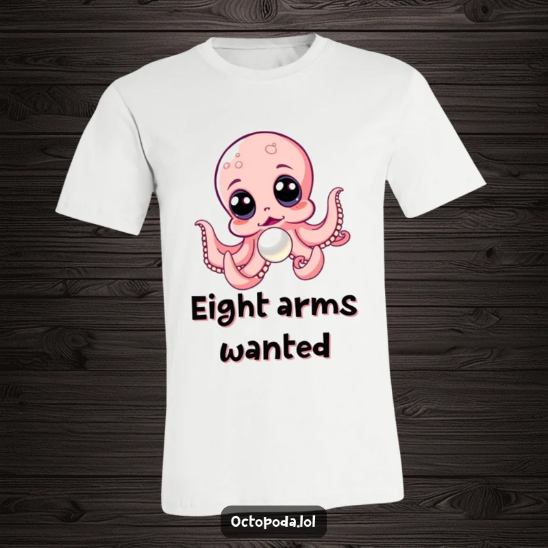 Funny T-shirt displaying an ecstatic octopus with large, eager eyes darting after a captivating, shiny pearl.