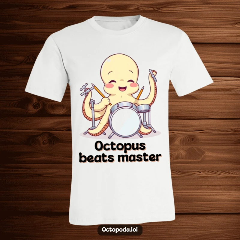 Funny t-shirt depicting a cheerful octopus enthusiastically playing a miniature drum kit with its tentacles, capturing a moment of pure musical bliss.