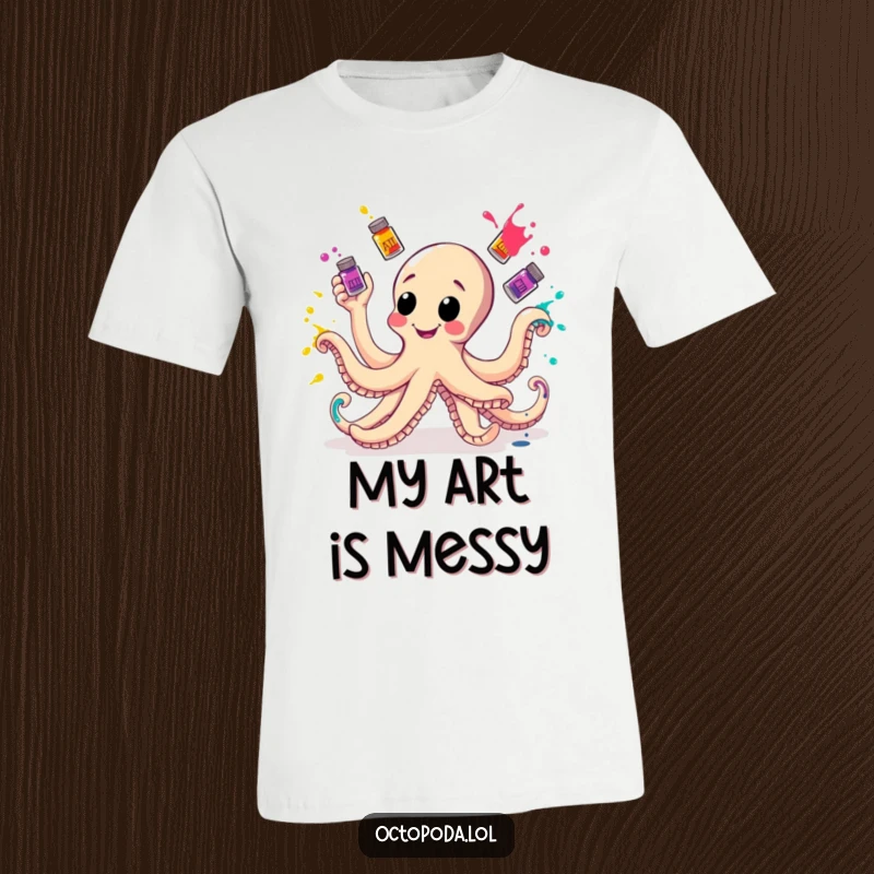 Funny T-Shirt featuring a happy octopus juggling paint ink bottles, with colorful splatters adding to the fun.
