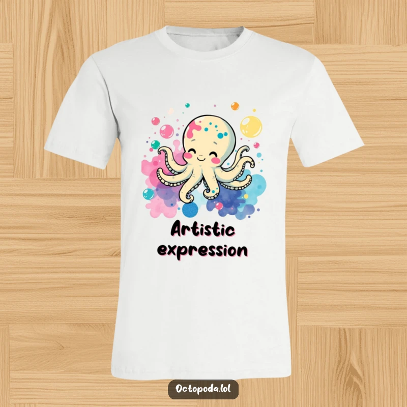 Funny t-shirt of a cheerful octopus swimming energetically, leaving behind playful ink splatters amongst colorful bubbles.