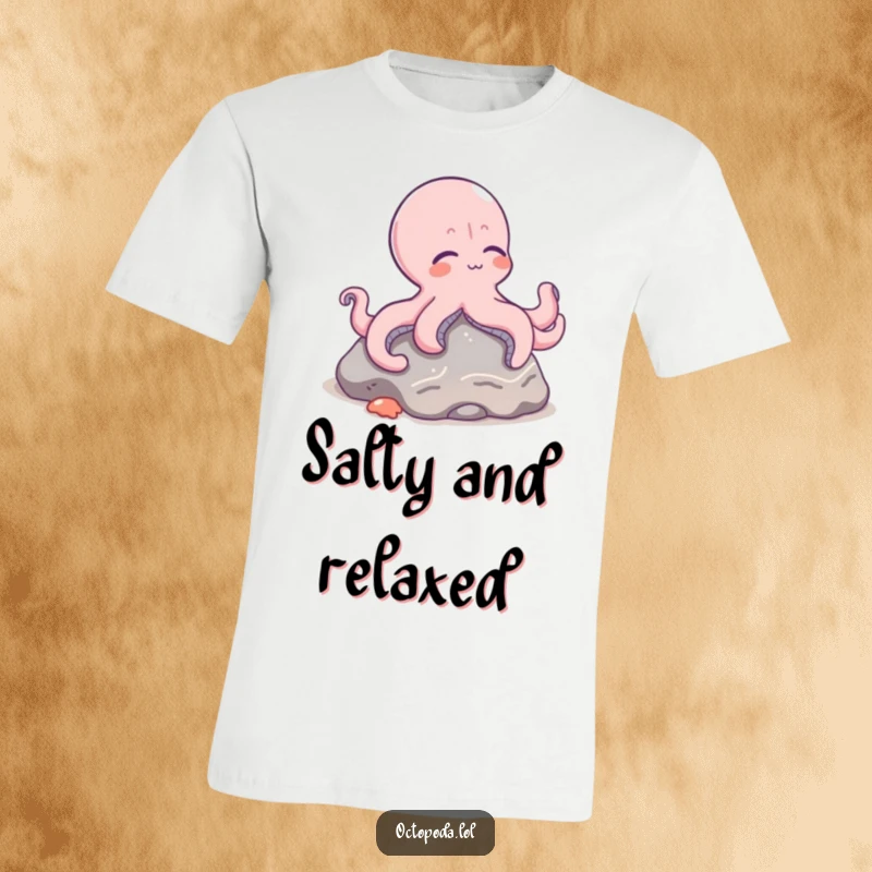 Funny t-shirt depicting a relaxed octopus character chilling comfortably on a rock at the bottom of the sea.