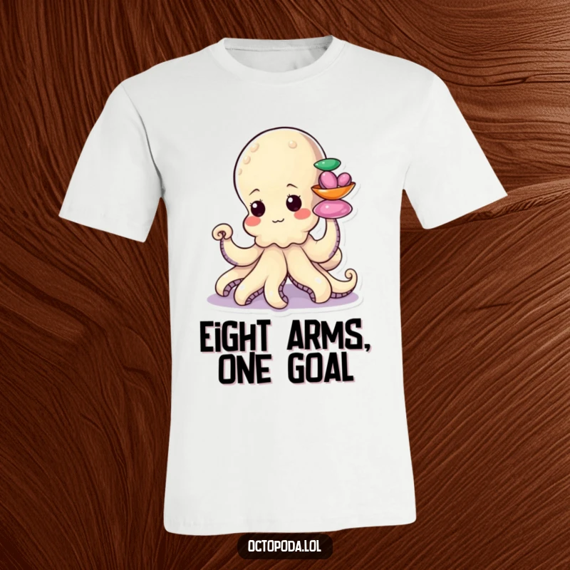 Funny t-shirt featuring a determined little octopus character attempting to stack colorful shiny shells with a single tentacle, quirky.