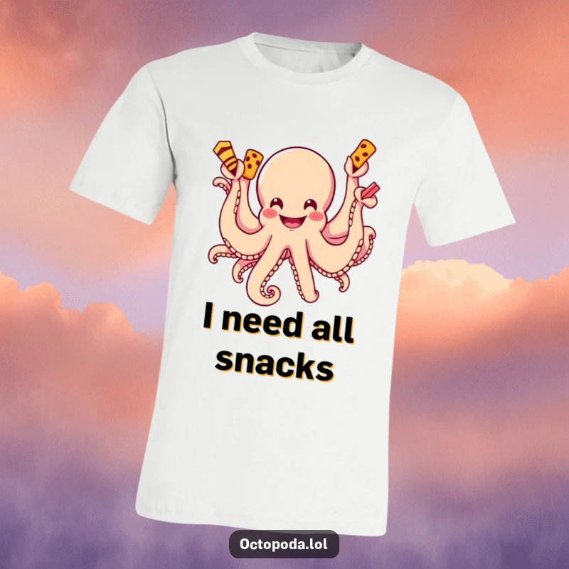 Funny T-shirt featuring a happy octopus with a wide grin, its multiple arms reaching out to steal tasty snacks.