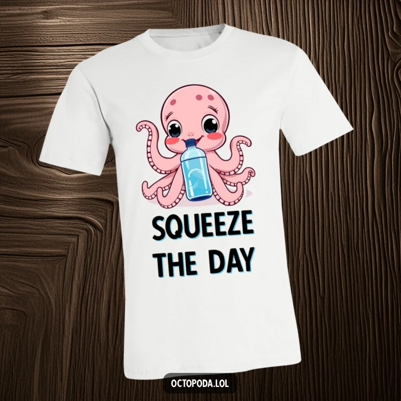 Funny t-shirt with a wide-eyed, smiling octopus playfully squeezing a water bottle, embodying fun and active hydration.