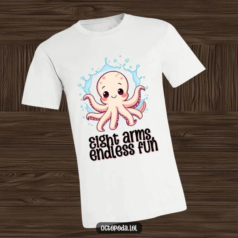 Funny octopus t-shirt, a cheerful cephalopod gleefully splashing water, embodying pure exhilaration, a humorous wearable art piece.