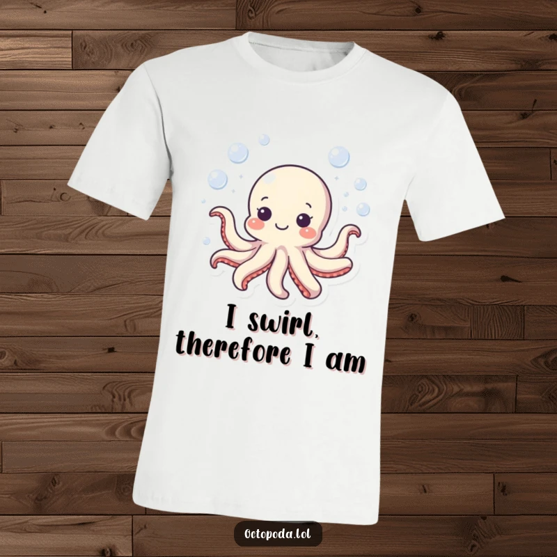 Funny octopus t-shirt showcasing a small, joyful octopus creating a bubbly circle while swimming, perfect for ocean lovers.