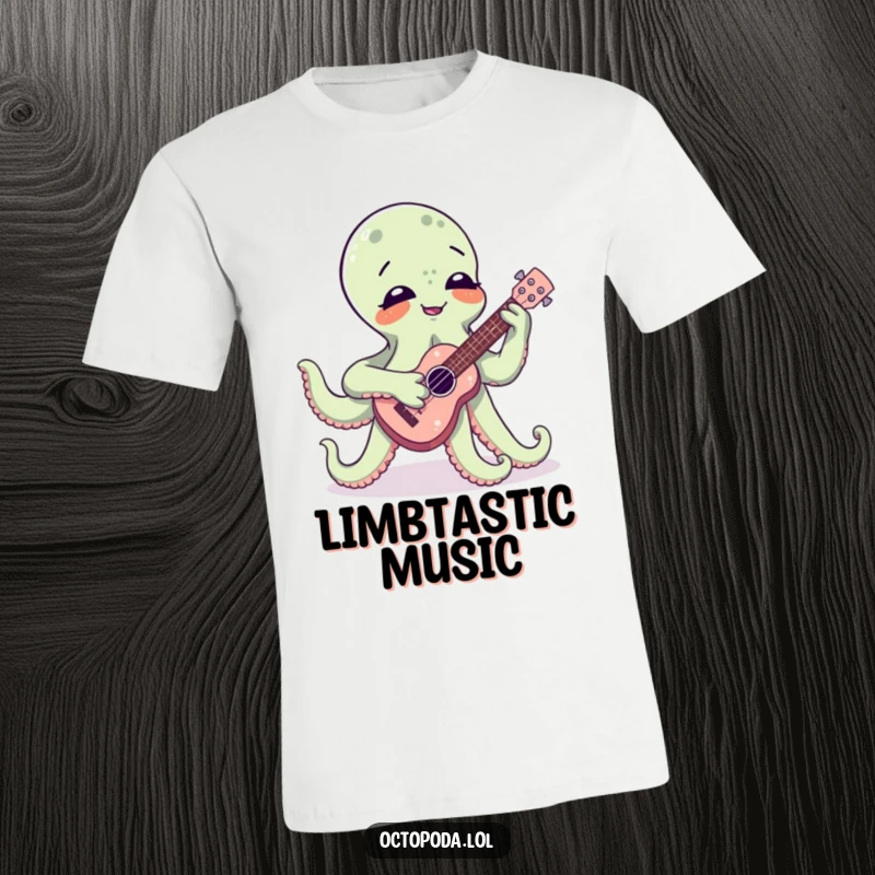 Funny t-shirt featuring a happy octopus with multiple arms playing a tiny ukulele, exuding pure musical joy and silliness.