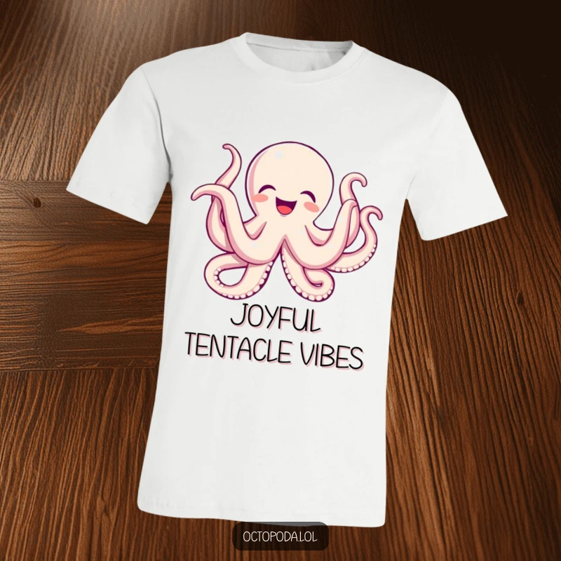 Funny T-shirt depicting an octopus joyfully wiggling its numerous tentacles, embodying pure delight and excitement.