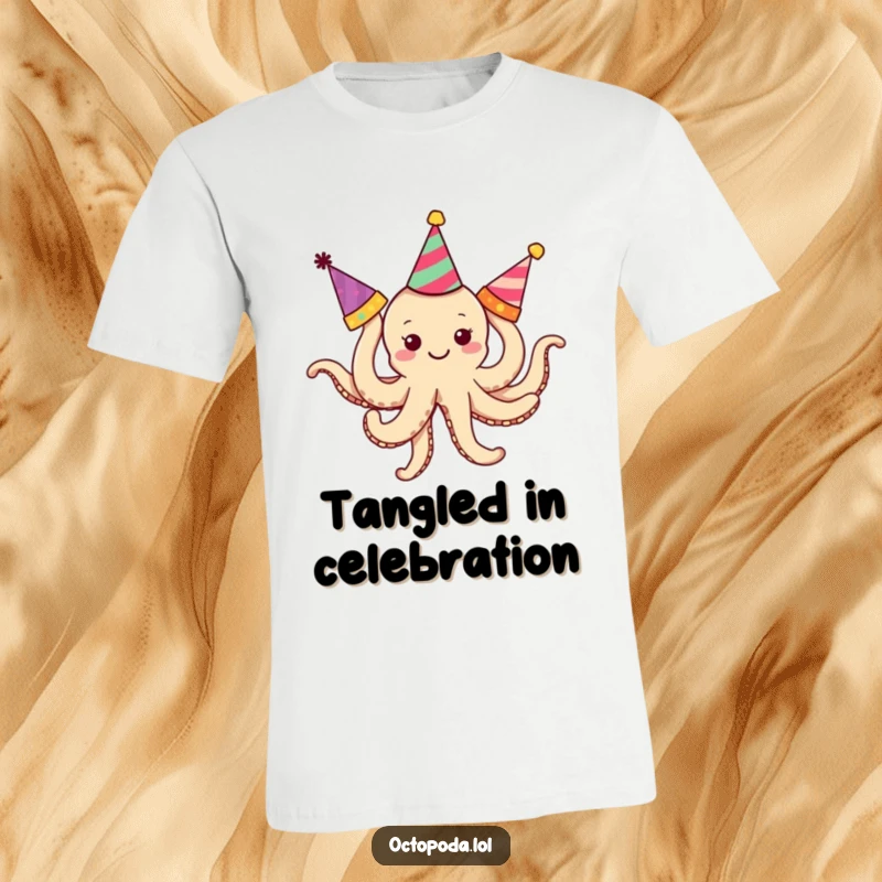 Funny Octopus T-Shirt: A small, happy octopus with arms in knots, hilariously failing to put on party hats.