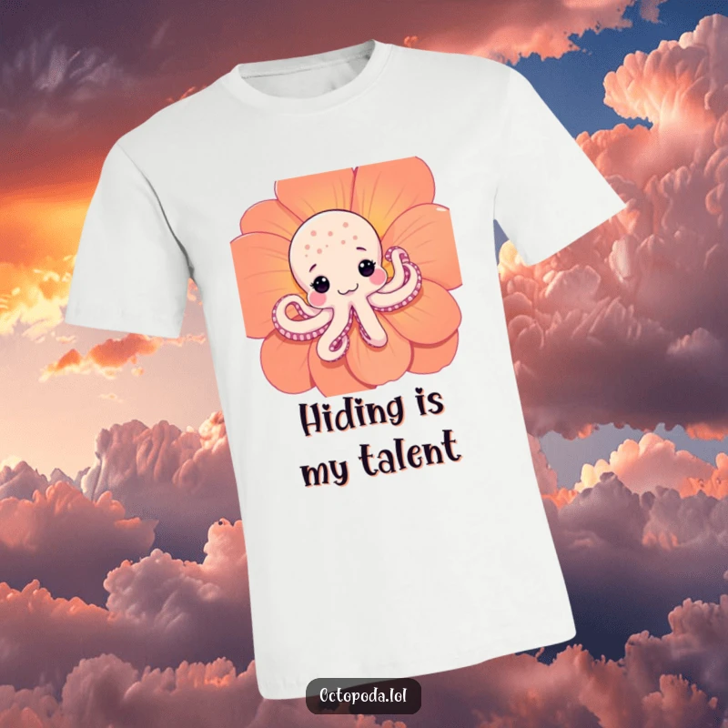 Funny Shy Octopus T-Shirt: A charming t-shirt featuring a shy octopus hilariously hiding behind a large flower, peeking out playfully.