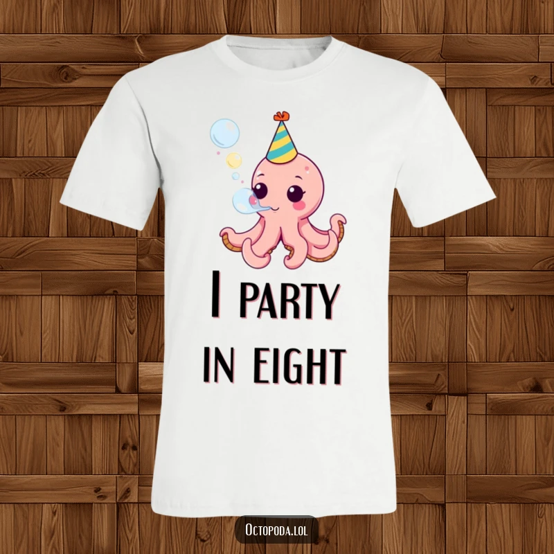 Funny t-shirt with a cheerful octopus wearing a party hat, blowing a large, colorful bubble, perfect for festive occasions.