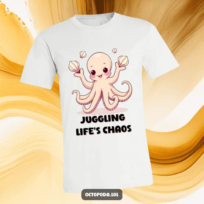 Funny Kawaii Octopus T-Shirt of a graceful cephalopod dancing while juggling multiple seashells, a playful and artistic design.