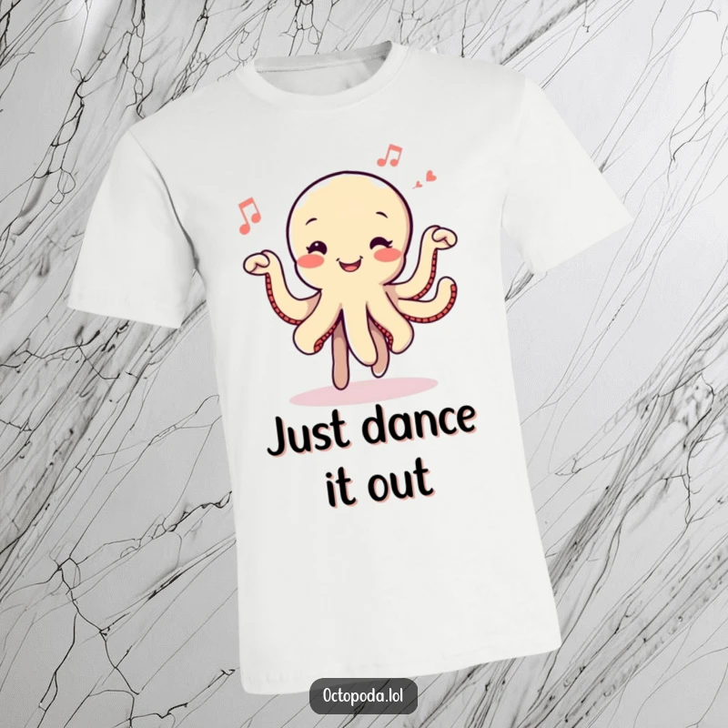 Funny Dancing Octopus T-Shirt: A smiling octopus in a happy dance pose with small musical notes emphasizing its joyful, rhythmic movements.
