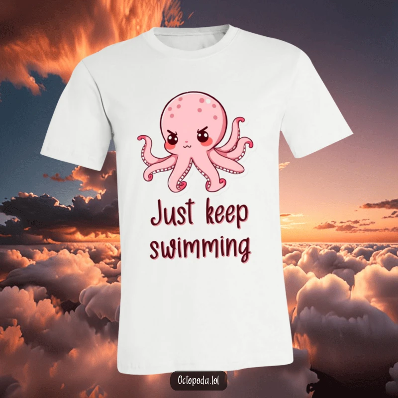 Funny Octopus T-Shirt: A small octopus with a big, determined face swims energetically, inspiring humor and perseverance.