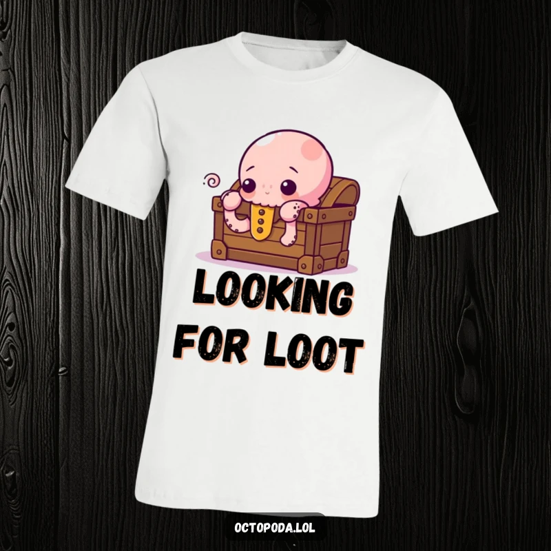 Funny T-Shirt with a curious octopus peeking from behind a treasure chest filled with riches, embodying discovery and playful intrigue.