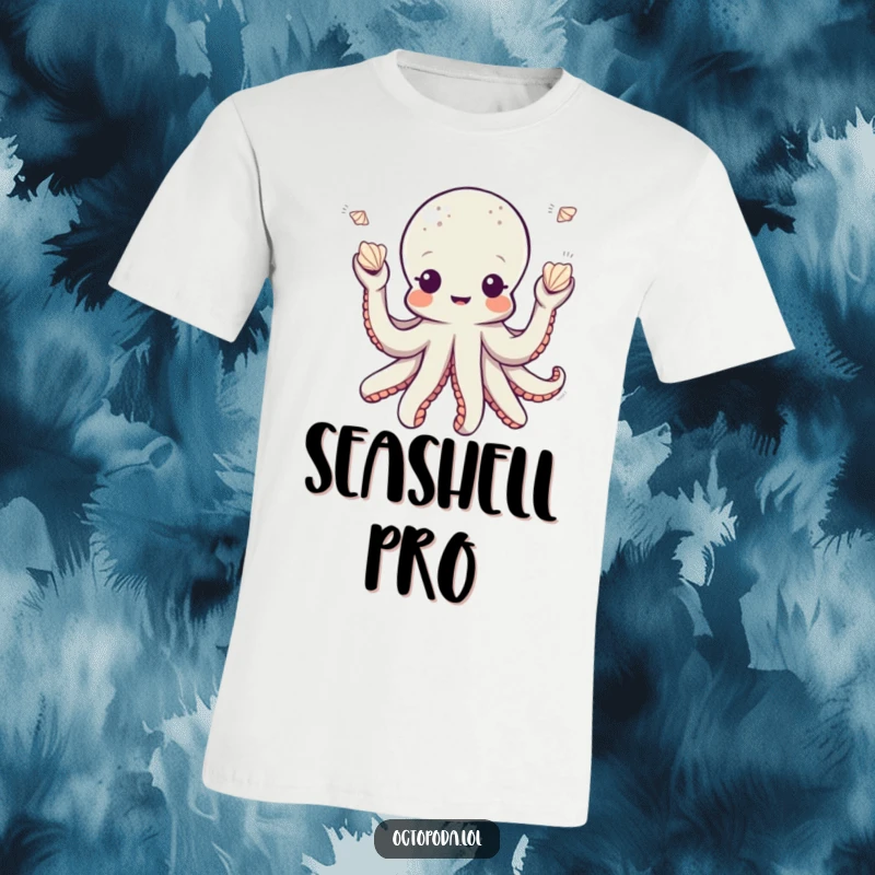 Funny octopus t-shirt depicting a playful octopus character juggling various small seashells, perfect for ocean enthusiasts.