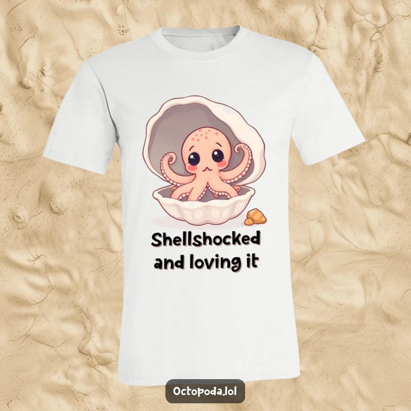 Funny T-Shirt: A surprised octopus peeking out from a large seashell, showcasing its wide-eyed wonder.