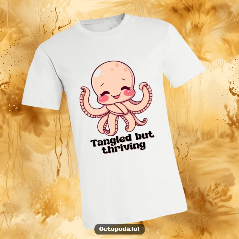 Funny T-Shirt: A giggling octopus artistically tied in a playful knot, wiggling with contagious happiness.