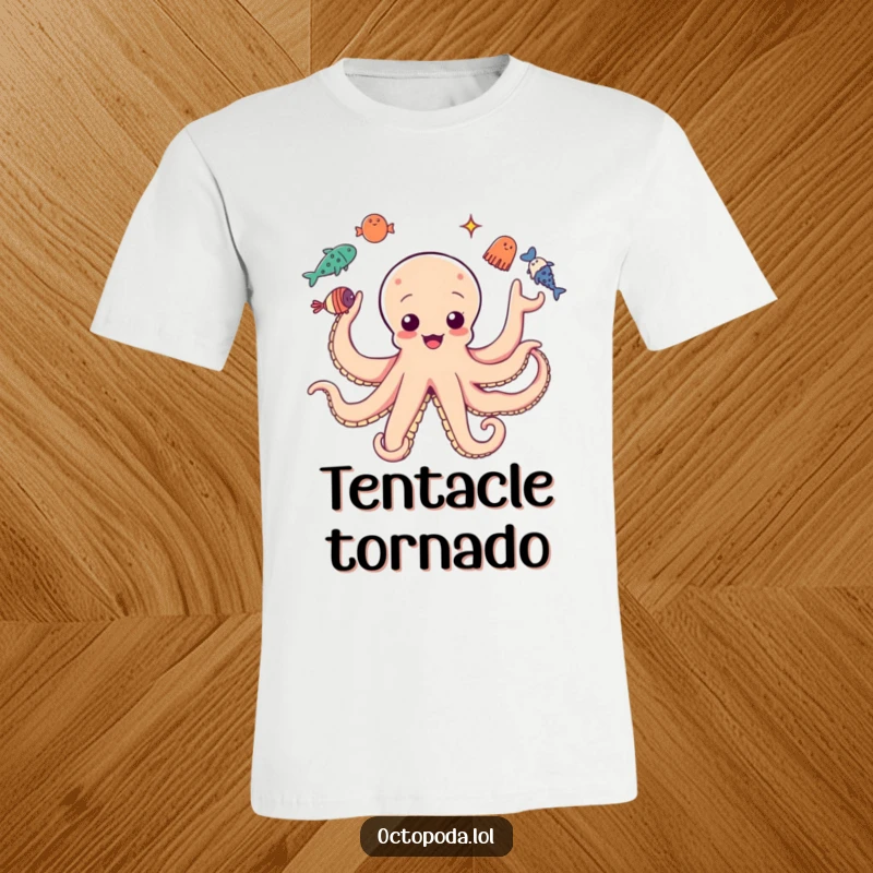 Funny t-shirt graphic of an octopus with multiple arms juggling sea creatures, vibrant and humorous action shot.