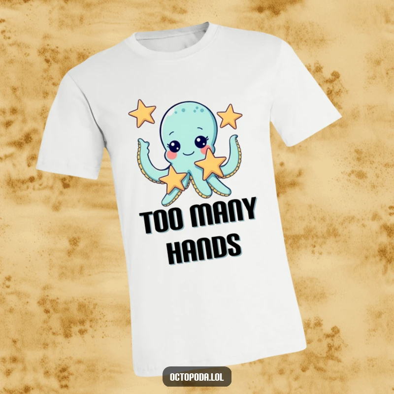 Funny t-shirt showcasing a cute octopus with a gleeful expression, juggling three starfish with impressive dexterity.
