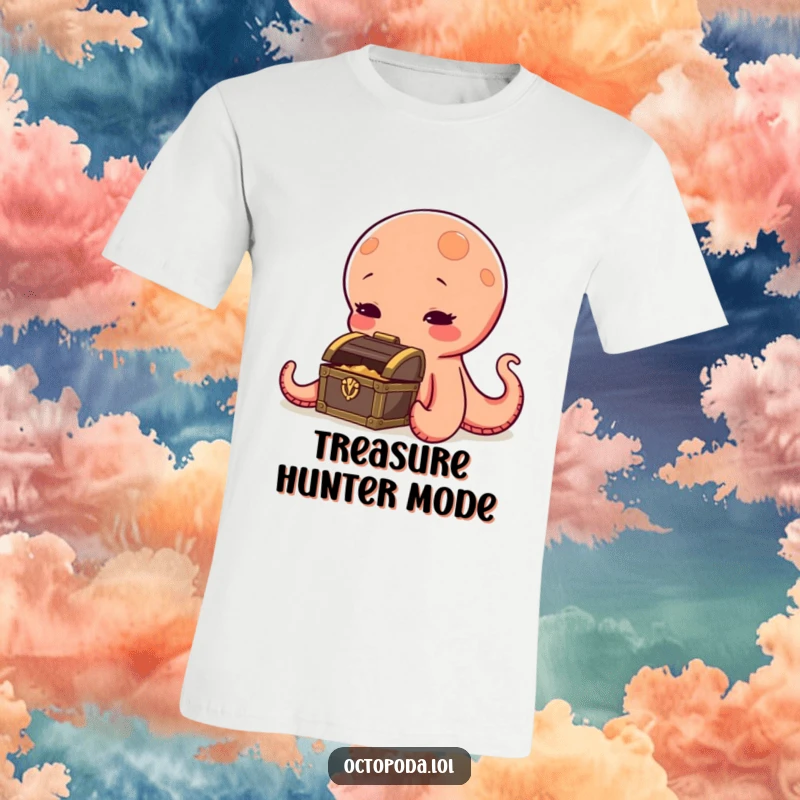 Funny octopus t-shirt, a playful cephalopod curiously sniffing a miniature treasure chest, imagining riches, a humorous wearable adventure.