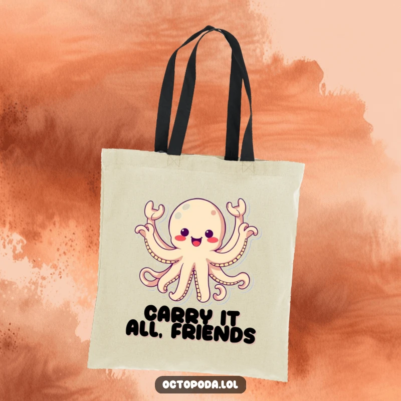 Funny Tote Bag: A kawaii octopus energetically waving all eight arms, a humorous and charming tote for carrying essentials.