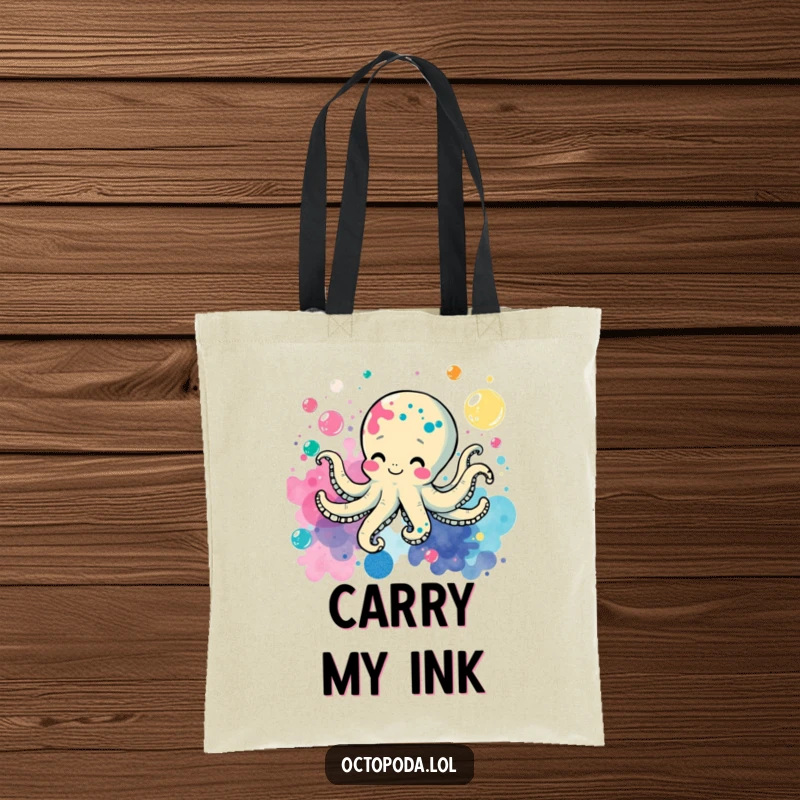 Funny tote bag featuring a cheerful octopus swimming through bubbles, adorably leaving ink splatters in its wake.