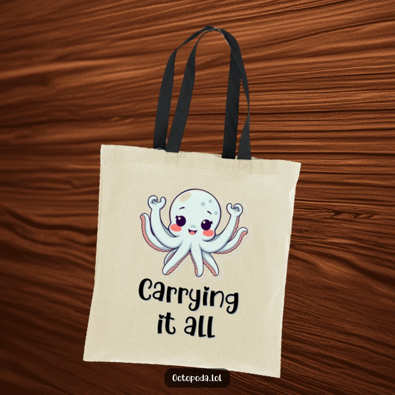 Funny Tote Bag with a cute octopus character waving all eight arms excitedly, a delightful accessory.