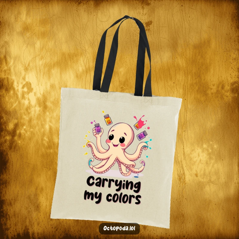 Funny Tote Bag featuring a happy octopus juggling ink bottles, ideal for carrying art supplies and spreading smiles.