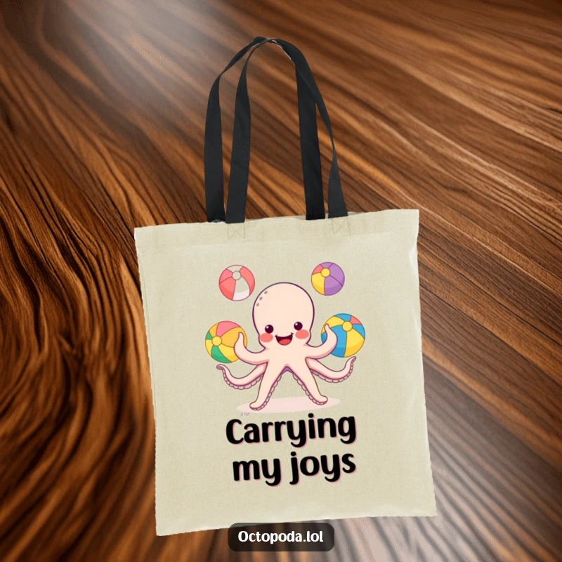 Funny Octopus Tote Bag: a smiling octopus juggling three colorful beach balls with its tentacles, for stylish carrying.