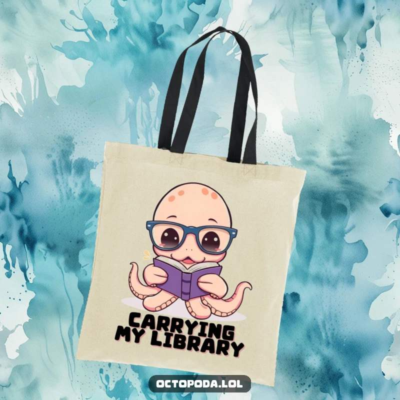 Funny Octopus Reading Tote Bag: A comical octopus wearing glasses attempts to read a tiny book, a great funny gift for book lovers.