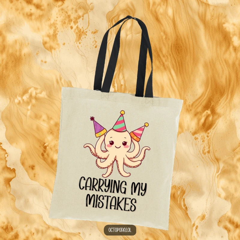 Funny Octopus Tote Bag: A small, smiling octopus hilariously tangled in party hats, ready for errands.