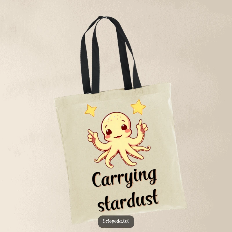 Funny tote bag with a curious octopus pointing towards a sparkling star, perfect for carrying essentials and dreams.