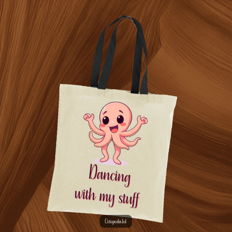 Funny octopus tote bag featuring an excited octopus character performing a happy dance, perfect for carrying essentials with flair.