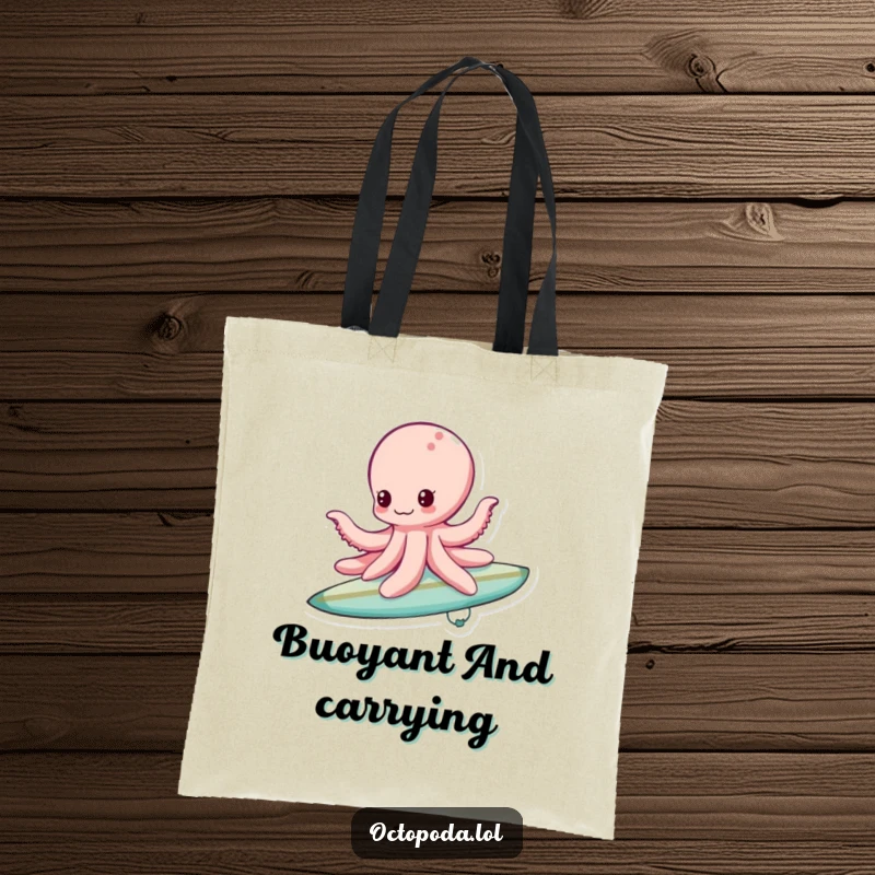 Funny bubble surfing octopus tote bag, showing an octopus riding a bubble like a surfboard, ideal for carrying essentials.