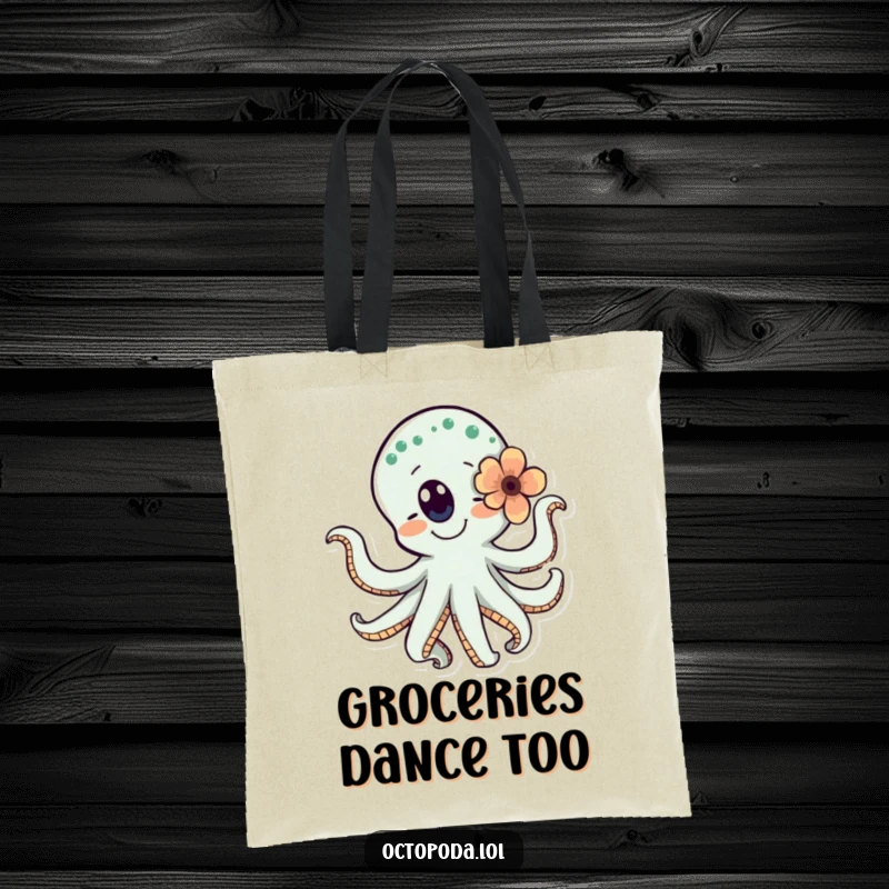 Funny tote bag depicting a joyful octopus with a flower behind its eye, dancing happily, perfect for daily errands.