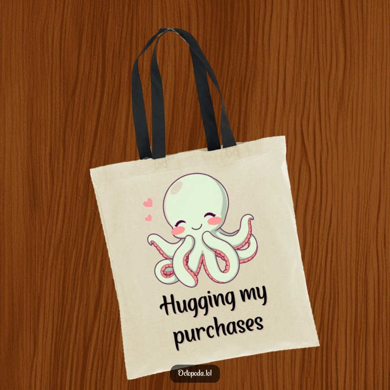 Funny Hugging Octopus Tote Bag: A cute tote bag featuring a blushing octopus giving a big hug with all its tentacles, a symbol of love.